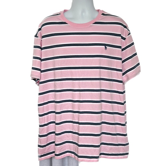 Polo Ralph Lauren T-Shirt Pink & Blue Striped Crew Neck Size XXL Classic Cotton - Picture 1 of 5